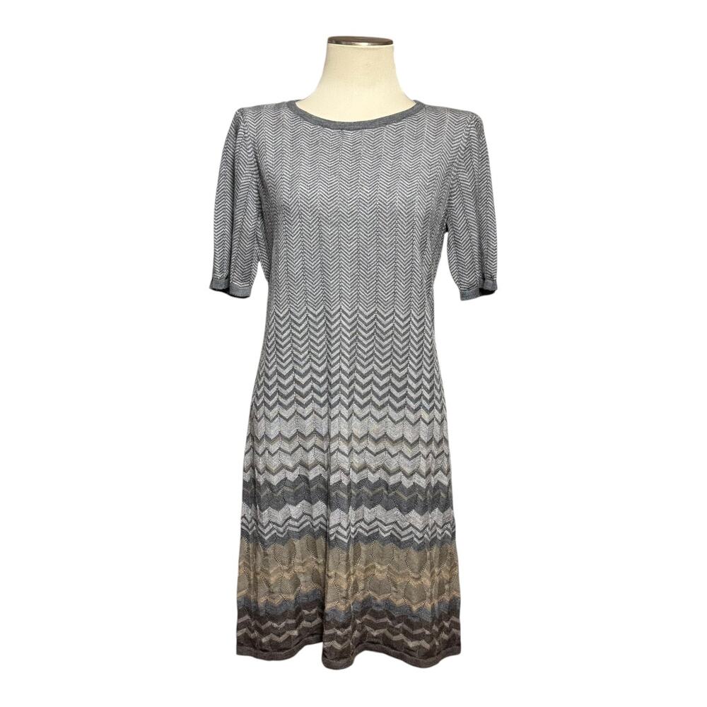 Pendleton Mission Stripe Merino Wool Short Sleeve Dress Gray Tan Beige Large